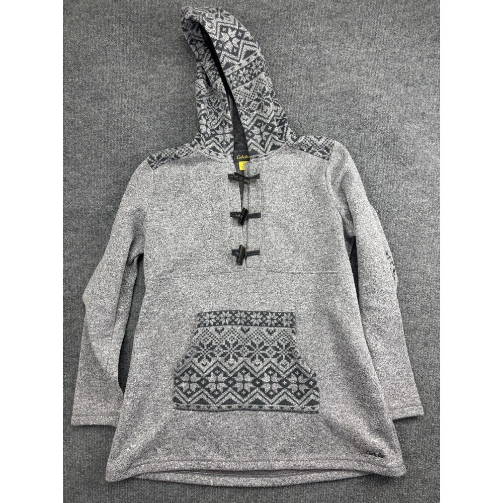 Cabela's Sweater Tunic Womens Large Gray Fair Isle Hooded Fleece Toggle